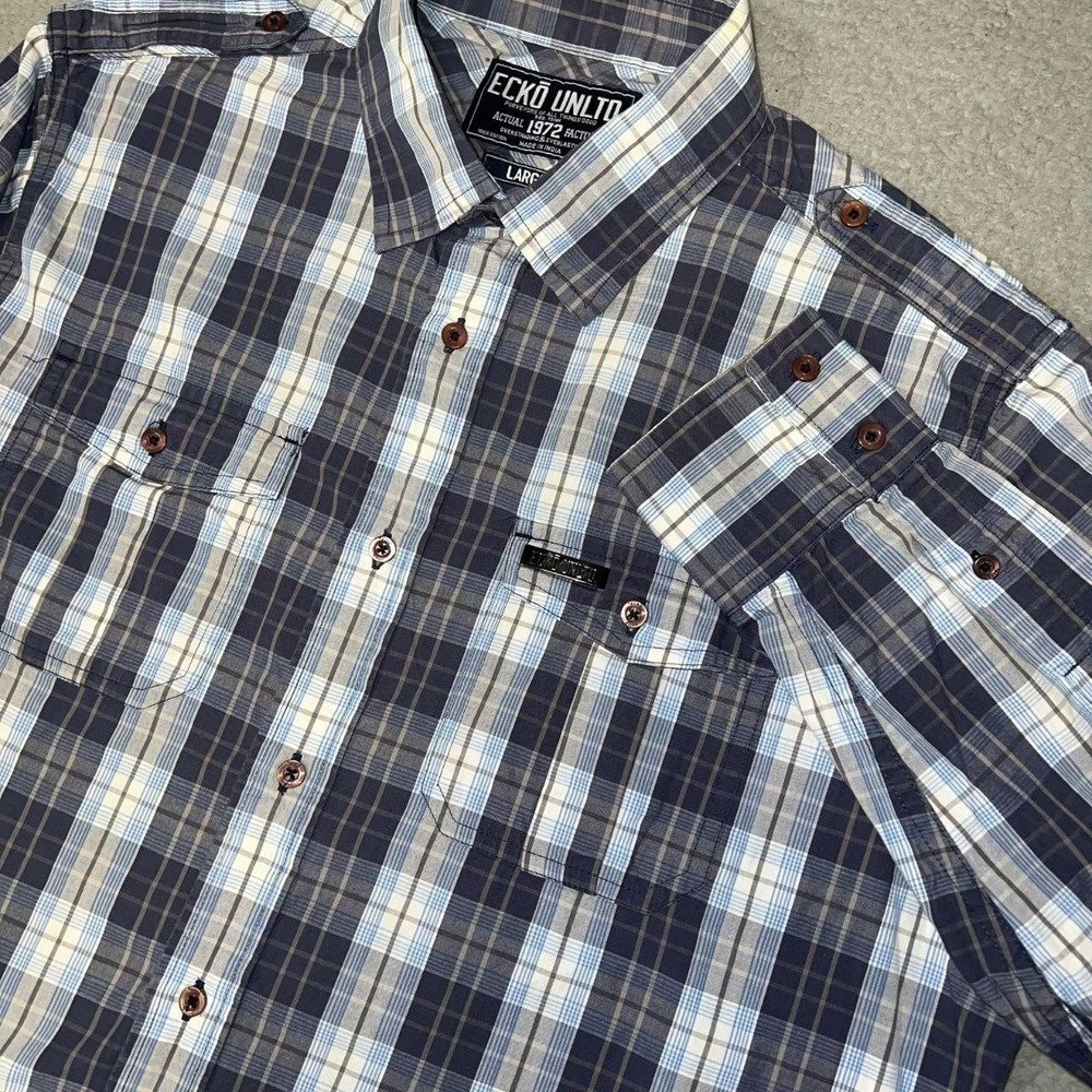 Ecko Unltd Shirt Men's Sz L Blue Plaid Check Embroidered Logo Button Up 2-Sided